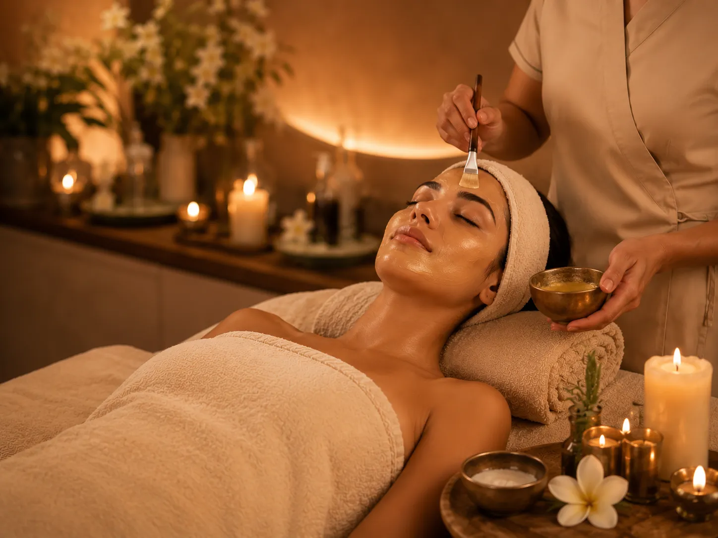 Rituel spa avec serviettes, bougies et ingrédients naturels