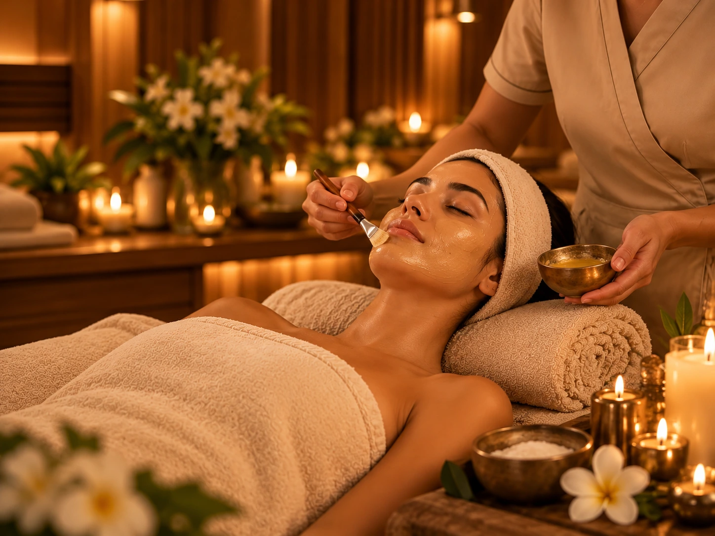 Spa ritual with towels, candles, and natural ingredients